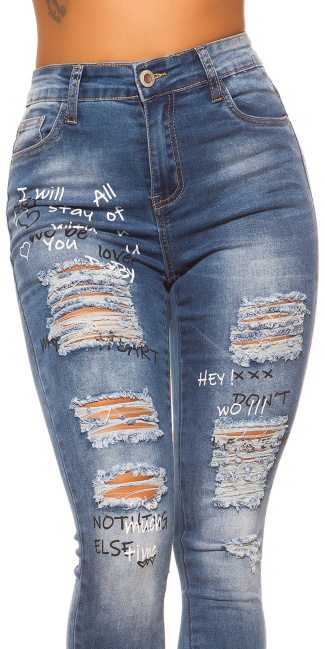 hoge taille skinny jeans gebruikte look met print jeansblauw